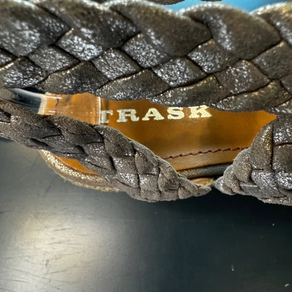 Trask Women 8 M Metallic Silver Woven Leather Espadrille Wedge Heel Sandals